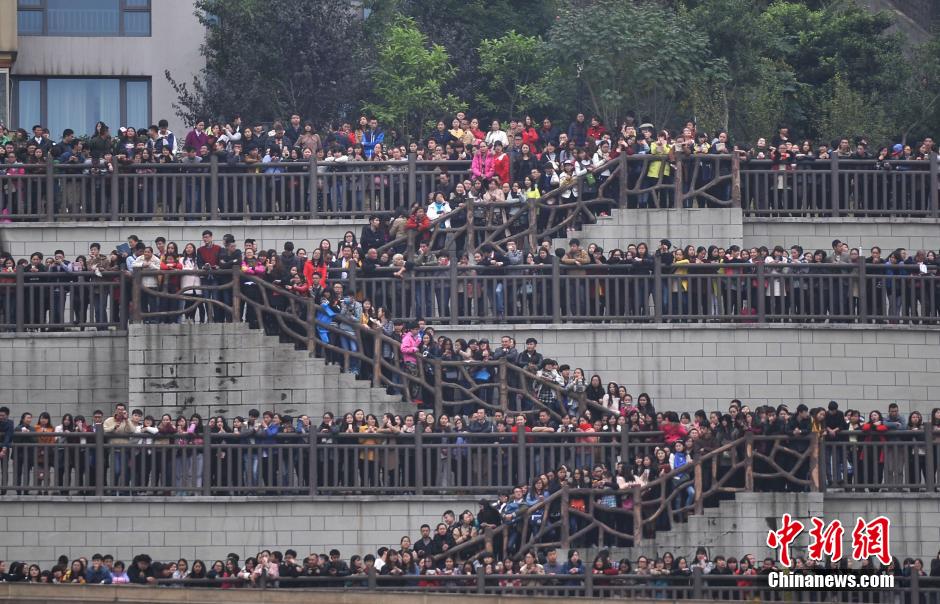 重慶上萬粉絲在南濱路等待《奔跑吧兄弟》節(jié)目的錄制。