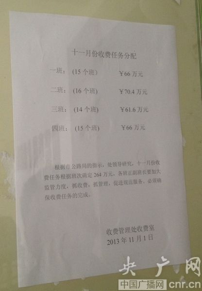 收費處辦公區(qū)張貼的收費任務(wù)分配表(央廣網(wǎng)記者 王利 攝) 收費處辦公區(qū)張貼的收費任務(wù)分配表(央廣網(wǎng)記者 王利 攝)