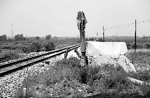 6月30日， 農(nóng)戶用搭建的窩棚和電線桿阻擋了鐵路的施工。新華社發(fā)