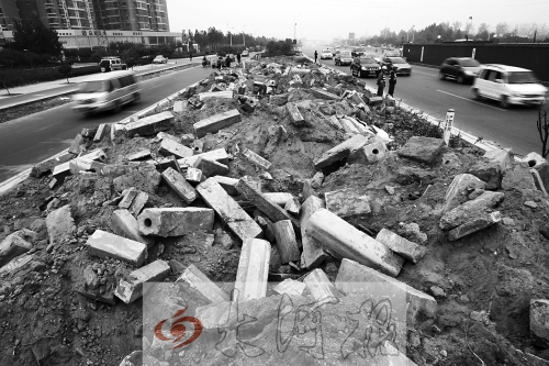 中州大道部分路段，綠化帶成了垃圾場。