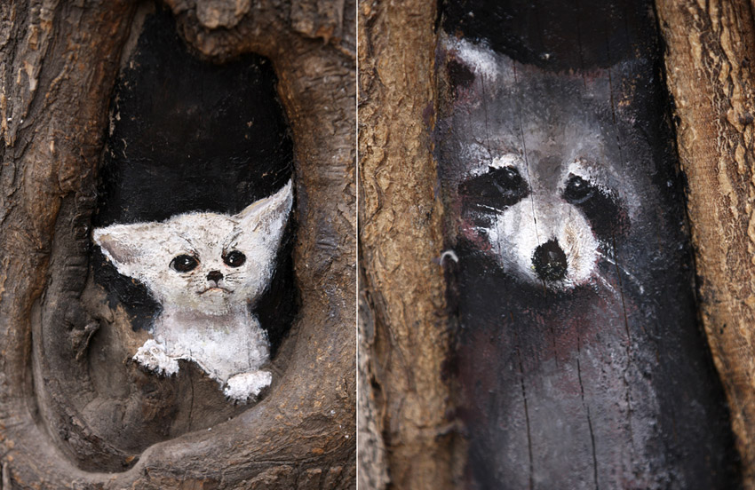 　3月1日在河北省石家莊市九中街拍攝的王月繪制的“樹(shù)洞畫(huà)”作品（拼版照片）