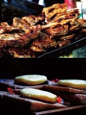 　　草原美食烤肉和奶酪。　