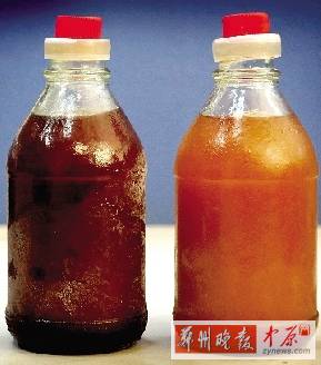 兩種油的顏色差別很大。（左為真）