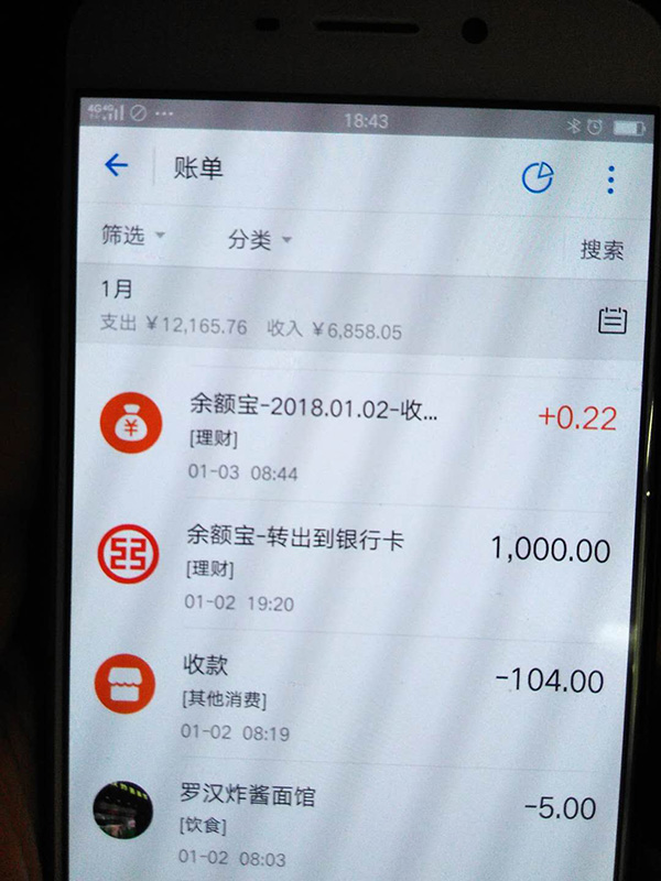 羅正宇2018年1月的支付寶賬單。