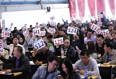 競拍者正在練習(xí)舉牌動作，以便拍賣時讓工作人員看清號牌。