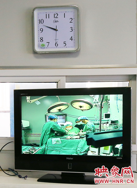 由于扎入大龍顱內(nèi)的針位置較深，所以經(jīng)過七次定位才取出,圖為監(jiān)視器中手術(shù)場景