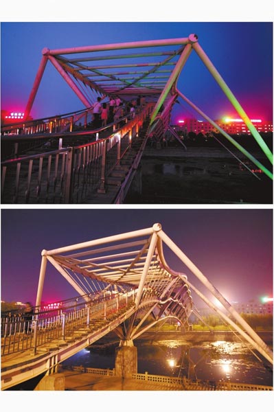 花園路西側(cè)東風(fēng)渠景觀橋，上圖攝于7月31日晚間，下圖攝于10月9日晚間。