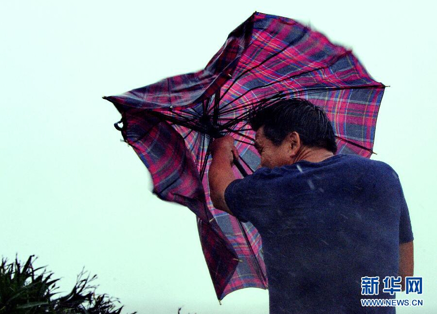 8月8日，福建省石獅市漁民在風雨中前行。