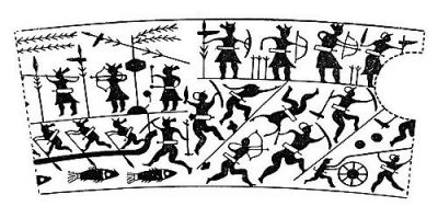 衛(wèi)輝市山彪鎮(zhèn)發(fā)掘出的戰(zhàn)國水陸攻戰(zhàn)紋銅鑒，上面有古人乘舟水戰(zhàn)的場面。